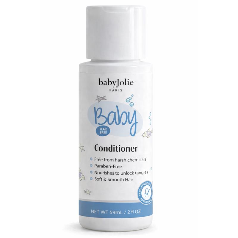 Baby Jolie Conditioner bottle, 59 mL, labeled as tear-free, free from harsh chemicals, and paraben-free for soft, smooth hair.