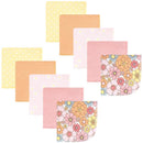Ten flannel washcloths in pastel colors featuring floral and polka dot patterns, suitable for baby care.