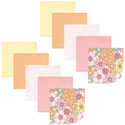 Ten flannel washcloths in pastel colors featuring floral and polka dot patterns, suitable for baby care.
