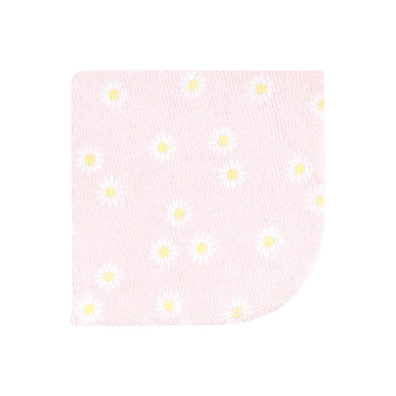 Flannel washcloth featuring a pink background with white daisies and yellow centers, designed for babies.