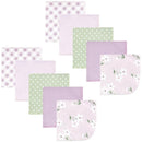 Set of 10 flannel washcloths in purple and green, featuring floral and polka dot patterns, ideal for baby care.