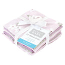 Set of 10 purple flannel washcloths featuring dainty floral patterns, packaged with a white ribbon and label.