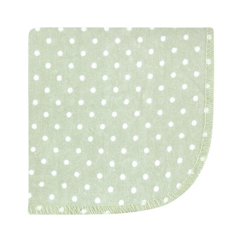 Flannel washcloth in green, featuring white polka dots and a rounded corner, soft and suitable for baby care.