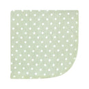 Flannel washcloth in green, featuring white polka dots and a rounded corner, soft and suitable for baby care.