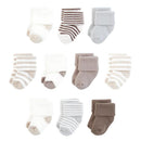 Organic baby socks in a variety pack featuring neutral stripes and solid colors, designed for infants.