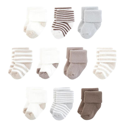 Organic baby socks in a variety pack featuring neutral stripes and solid colors, designed for infants.