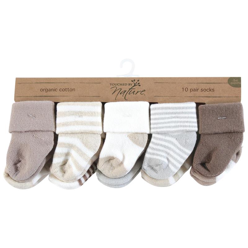 Organic cotton baby socks set in neutral stripes, featuring 10 pairs in soft colors, displayed on a cardboard hanger.
