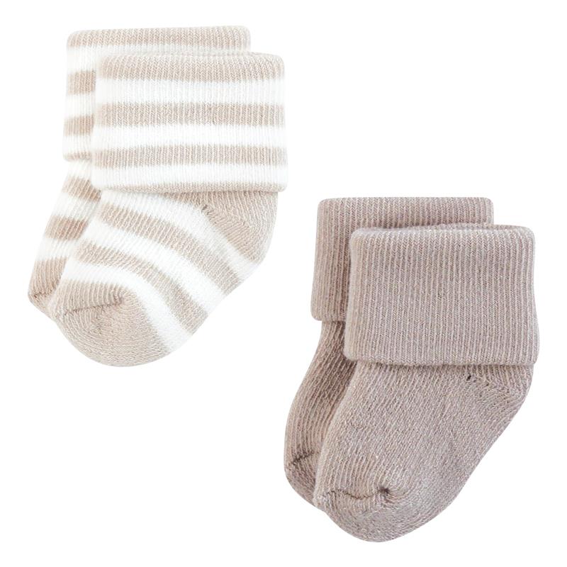 Organic baby socks in a 10-pack featuring neutral stripes and solid colors, designed for comfort and style.