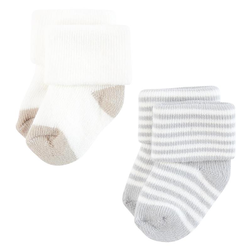 Organic terry baby socks in beige and white colors, featuring neutral stripes and foldable cuffs.