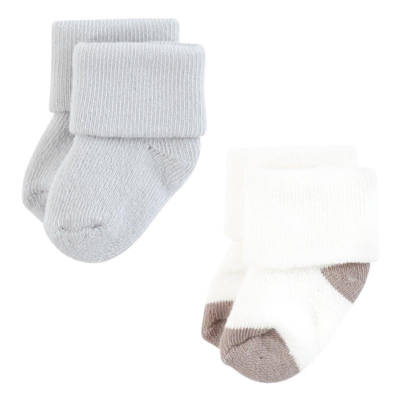 Organic terry socks for babies in gray and cream, featuring neutral stripes and a fold-over cuff design.