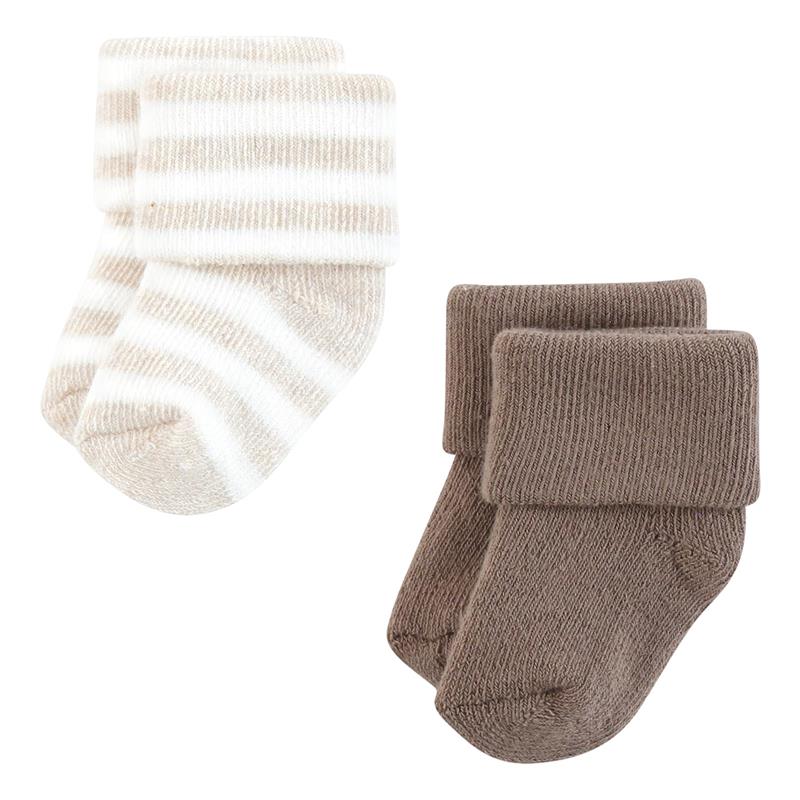Organic terry socks for babies in a 10-pack featuring neutral stripes and solid brown designs.