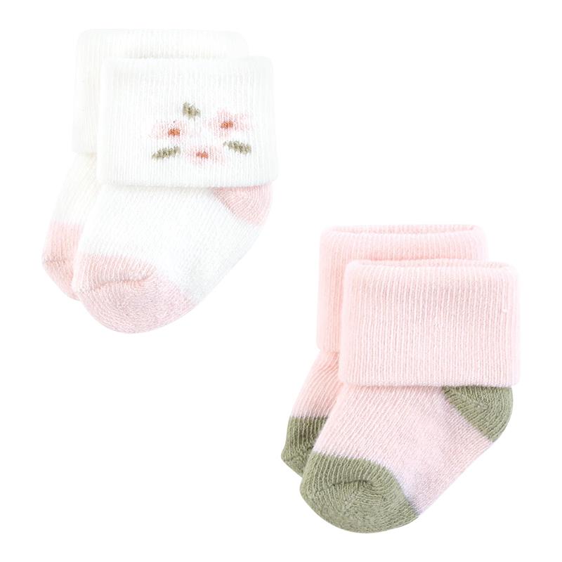 Organic baby socks set featuring a floral design on white and pastel pink with green accents, soft terry fabric.