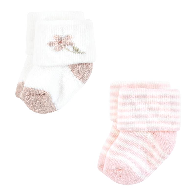 Organic terry socks for babies in a 10-pack, featuring a white sock with a pink flower and a pink striped sock.