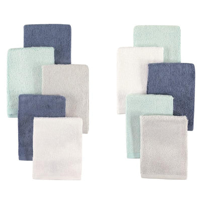 Ten bamboo washcloths in denim and mint colors, featuring soft textures in various shades of blue, green, and white.