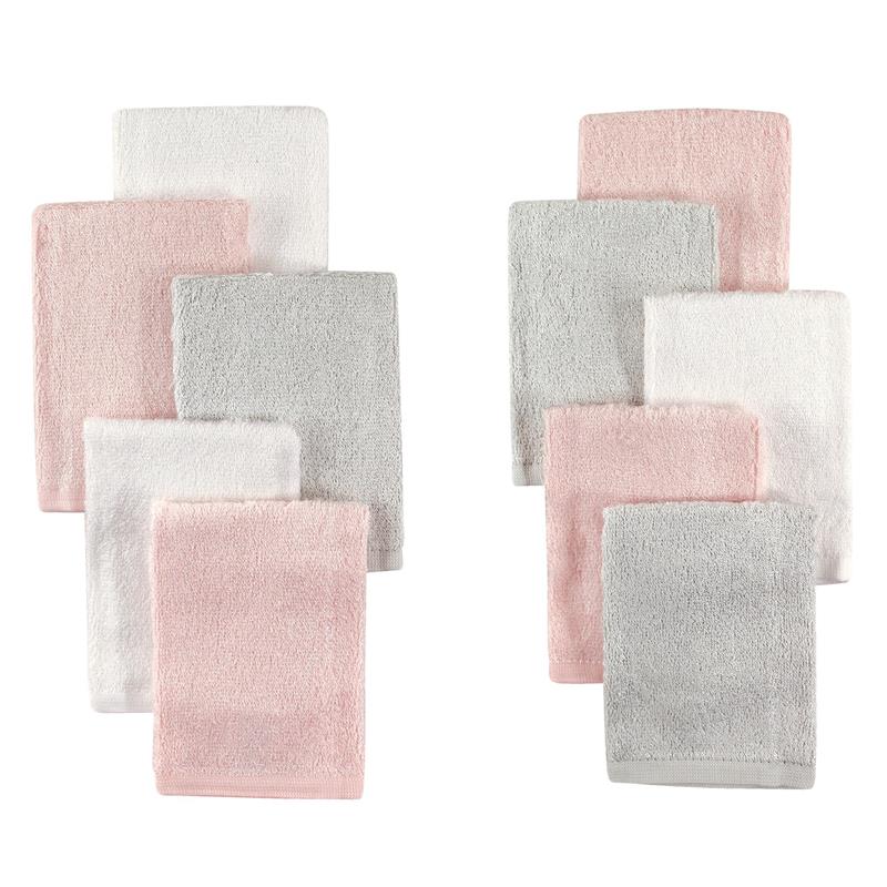 Set of ten soft rayon from bamboo washcloths in light pink and gray colors, suitable for babies.
