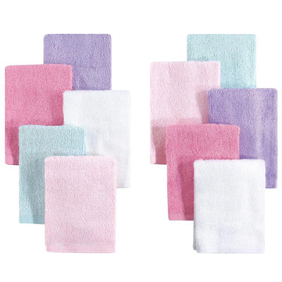 Set of 10 bamboo washcloths in pink, lilac, and white, showcasing soft textures and pastel colors ideal for baby care.