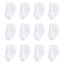 Set of 12 pairs of white terry casual socks for babies, featuring a soft cuff design.