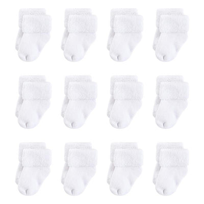 Set of 12 pairs of white terry casual socks for babies, featuring a soft cuff design.