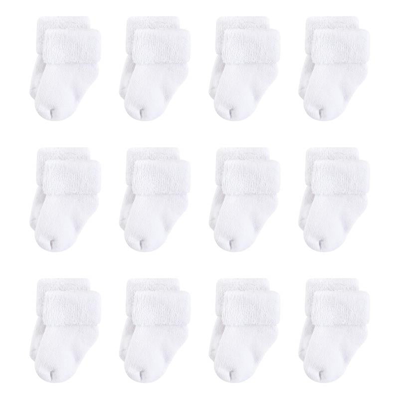 Twelve pairs of white organic cotton casual socks for babies, featuring a soft terry design and foldable cuffs.