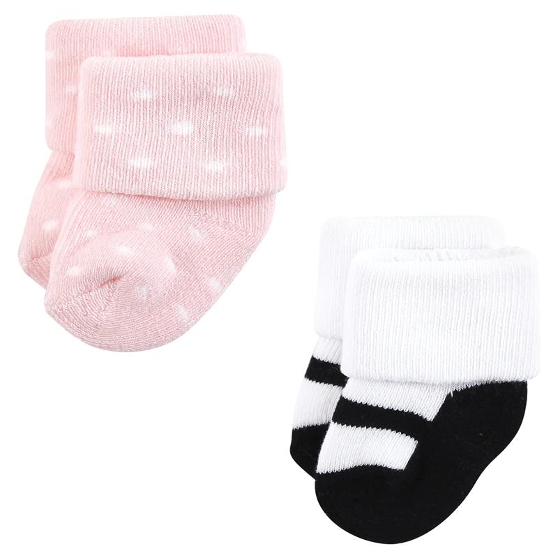 Twelve pairs of baby socks in pink with white dots and black and white striped designs, suitable for girls.