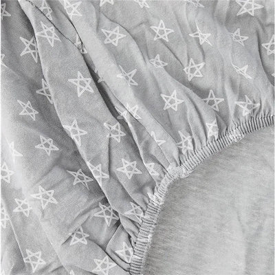 Gray crib sheet featuring a star pattern, designed for standard crib sizes, with elastic edges for secure fitting.