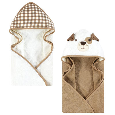 Hooded towels featuring brown gingham and a puppy design, perfect for keeping babies warm and cozy.