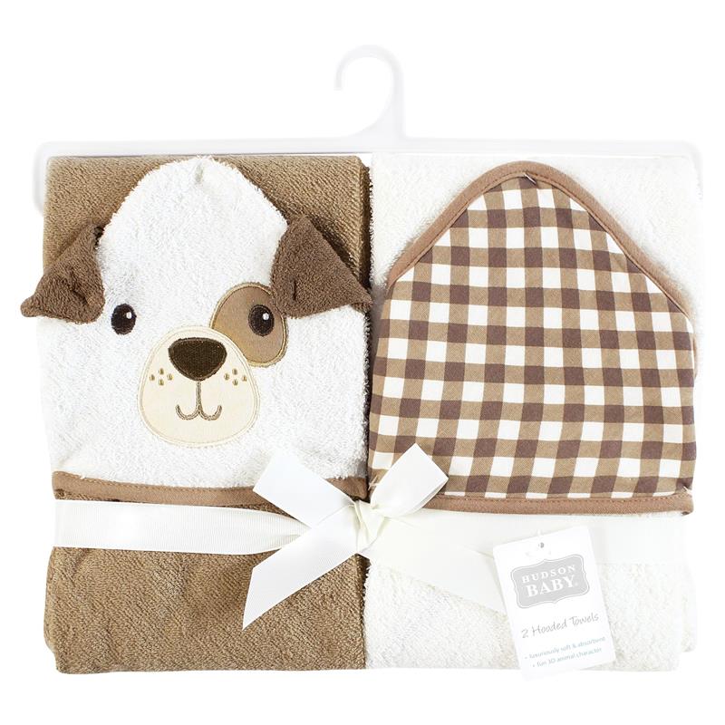 Hooded towel set featuring a puppy design in brown gingham, ideal for baby bathing.
