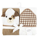 Hooded towel set featuring a puppy design in brown gingham, ideal for baby bathing.