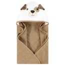 Hooded towel featuring a puppy design with ears and face, in brown gingham fabric suitable for babies.