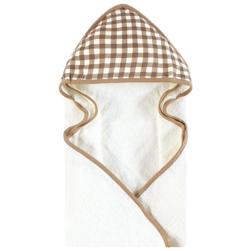 Hooded towel with a brown gingham pattern, featuring a soft cream body and contrasting brown trim.