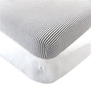 Organic cotton crib sheets in white and charcoal stripes, designed for baby cribs.