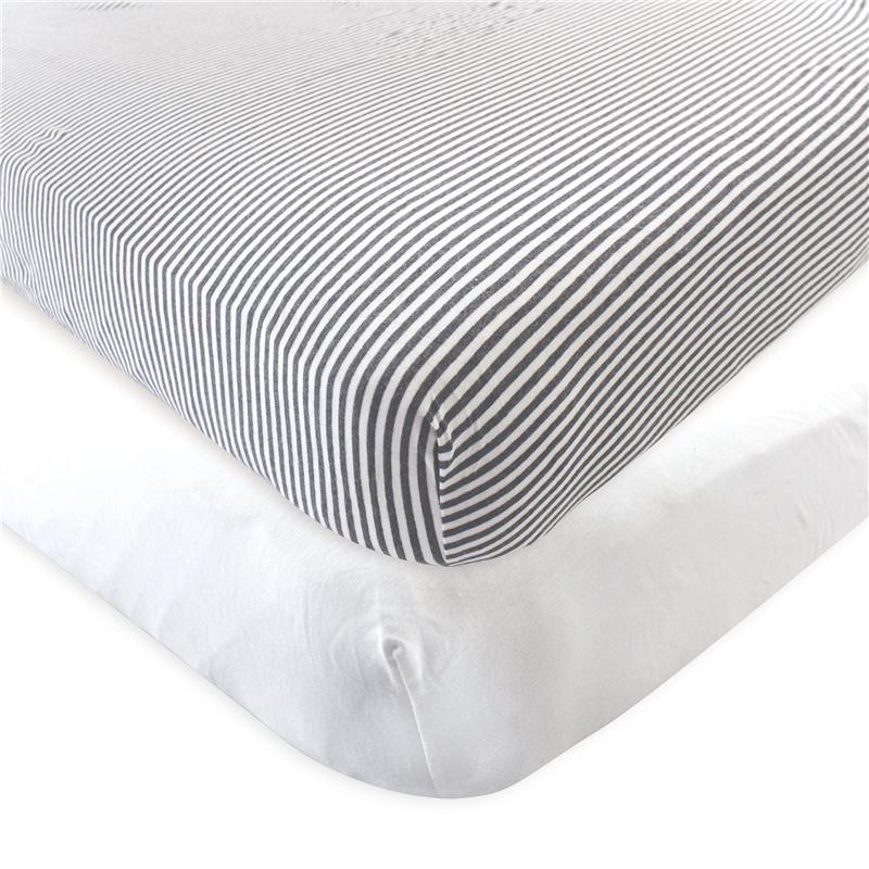 Organic cotton crib sheets in white and heather charcoal stripes, designed for a crib mattress.