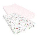 Two cotton changing pad covers featuring a pink cloud pattern and a farm animal print with cows, trees, and barns.