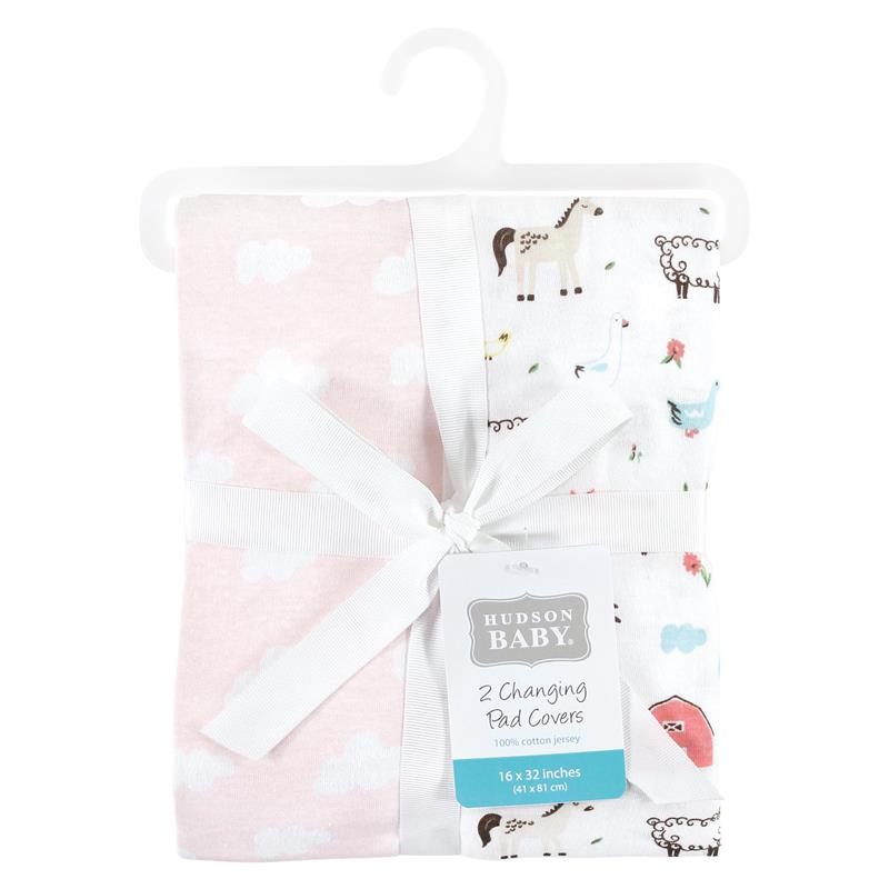 Unisex baby cotton changing pad covers featuring a pink cloud pattern and farm animal prints, packaged with a ribbon.
