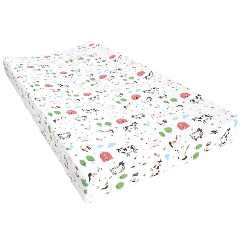 Cotton changing pad cover featuring a farm animal design with cows, trees, and barns, suitable for unisex infants.