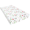 Cotton changing pad cover featuring a farm animal design with cows, trees, and barns, suitable for unisex infants.