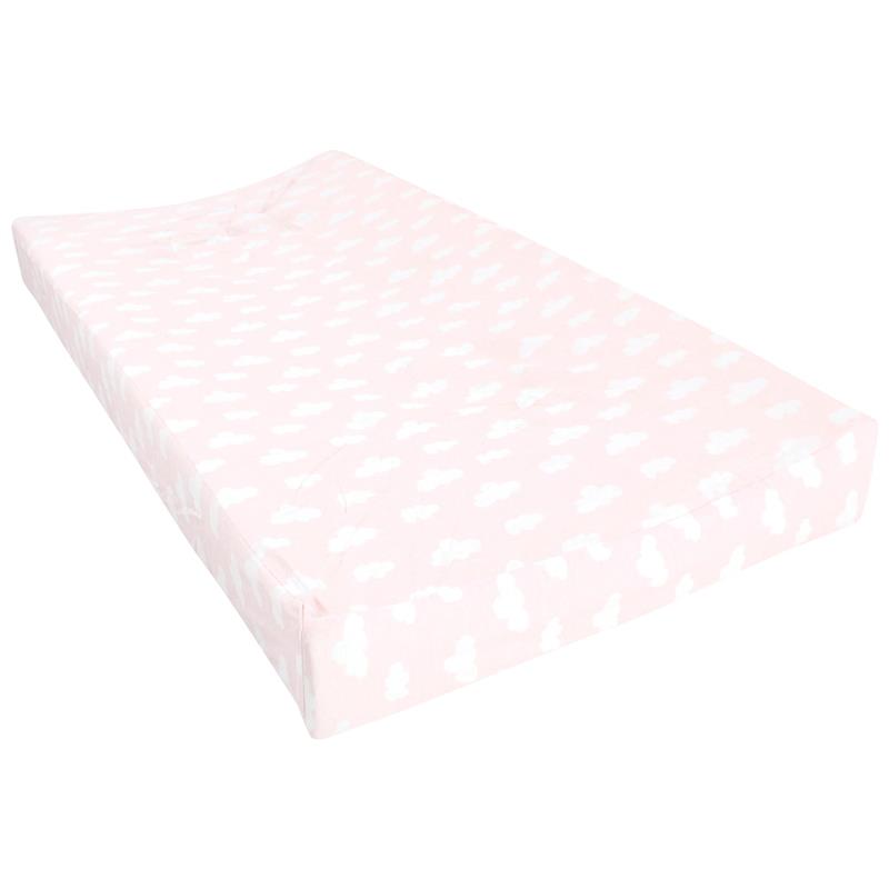 Cotton changing pad cover in light pink with white cloud patterns, designed for baby changing tables.