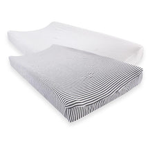 Cotton changing pad covers in white heather and striped charcoal, designed for unisex baby use.