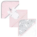 Three cotton rich hooded towels featuring a pink unicorn design, stars, and a gray unicorn pattern, ideal for babies.