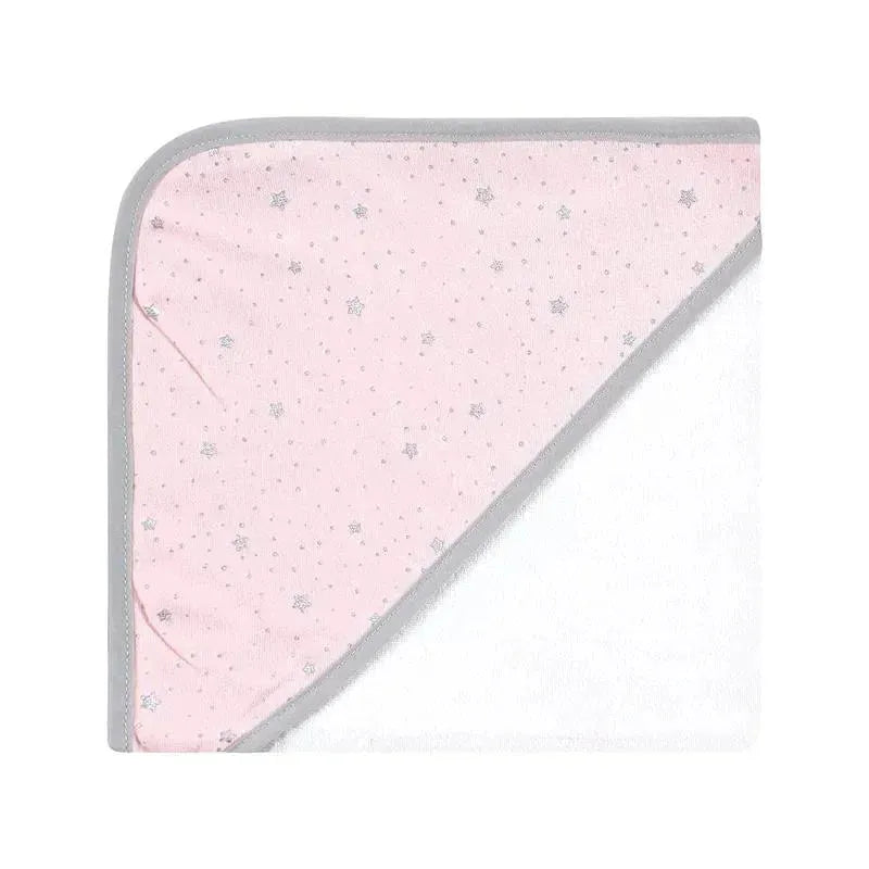 Cotton-rich hooded towel with a pink unicorn design, featuring silver stars and a white terry cloth underside.