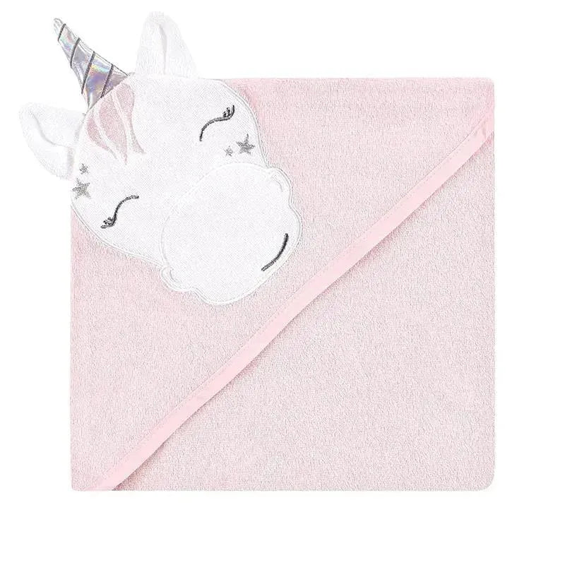 Pink hooded towel featuring a unicorn design with a iridescent horn and embroidered facial details.