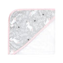 Hooded towel featuring a pink unicorn pattern on gray fabric with a soft white cotton underside.