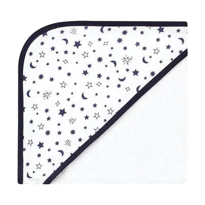 Cotton rich hooded towel featuring a solar system design with stars and moons, perfect for babies.