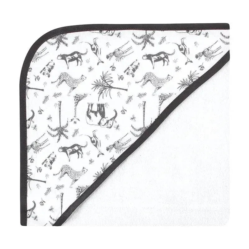 Hooded towel featuring a vintage safari design with various animals, bordered in black, made from cotton-rich material.