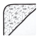 Hooded towel featuring a vintage safari design with various animals, bordered in black, made from cotton-rich material.