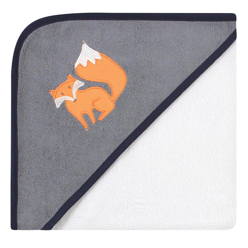 Hooded towel featuring an orange fox design on a gray background, ideal for keeping babies warm and dry.