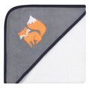 Hooded towel featuring an orange fox design on a gray background, ideal for keeping babies warm and dry.