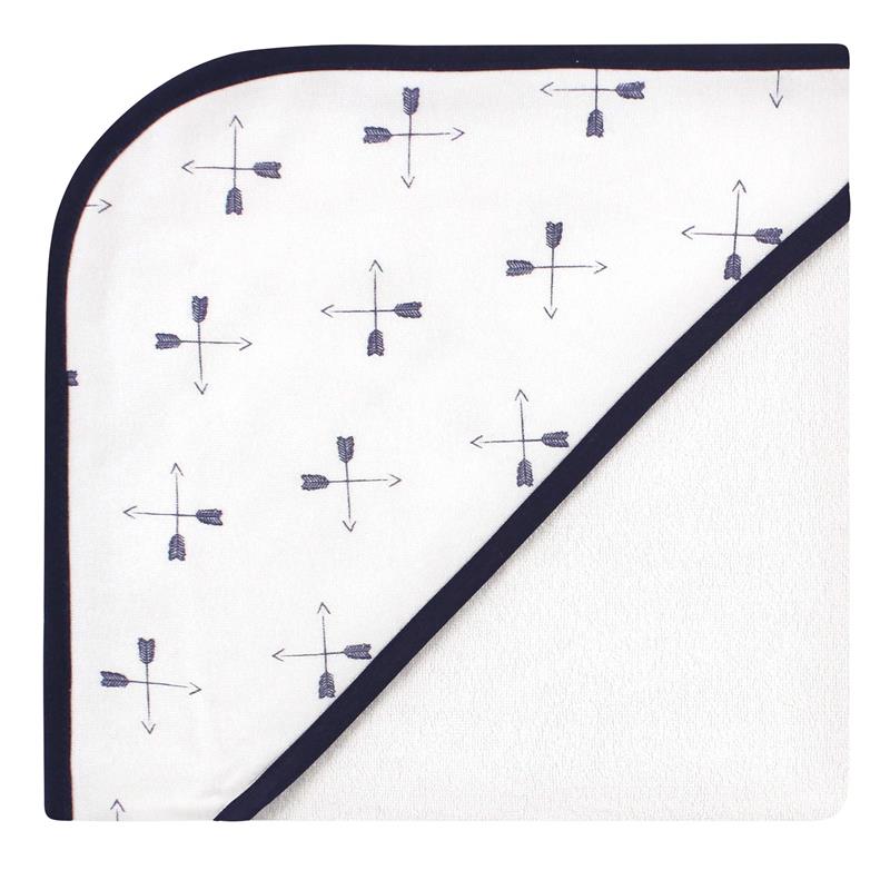 Hooded towel with a white body featuring navy arrows and a soft, absorbent orange underside.