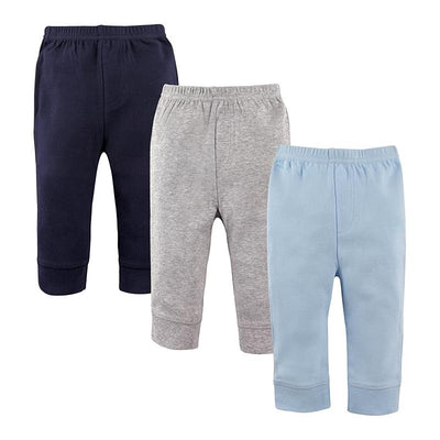 Three pairs of tapered ankle pants for babies in blue, gray, and navy colors, featuring elastic waistbands.