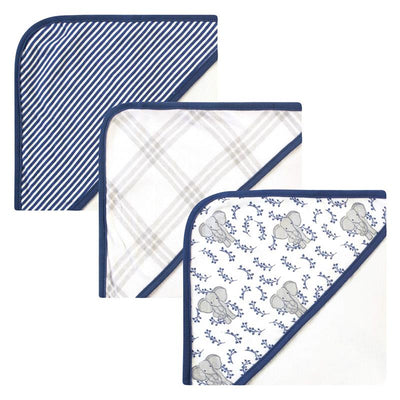 Three organic cotton hooded baby towels in blue elephant designs, featuring striped, plaid, and floral patterns.